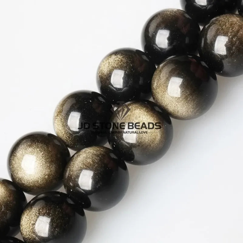 Natural Stone, Golden Black Obsidian Bead, Shinny Round Loose Gemstone, Jewelry Making