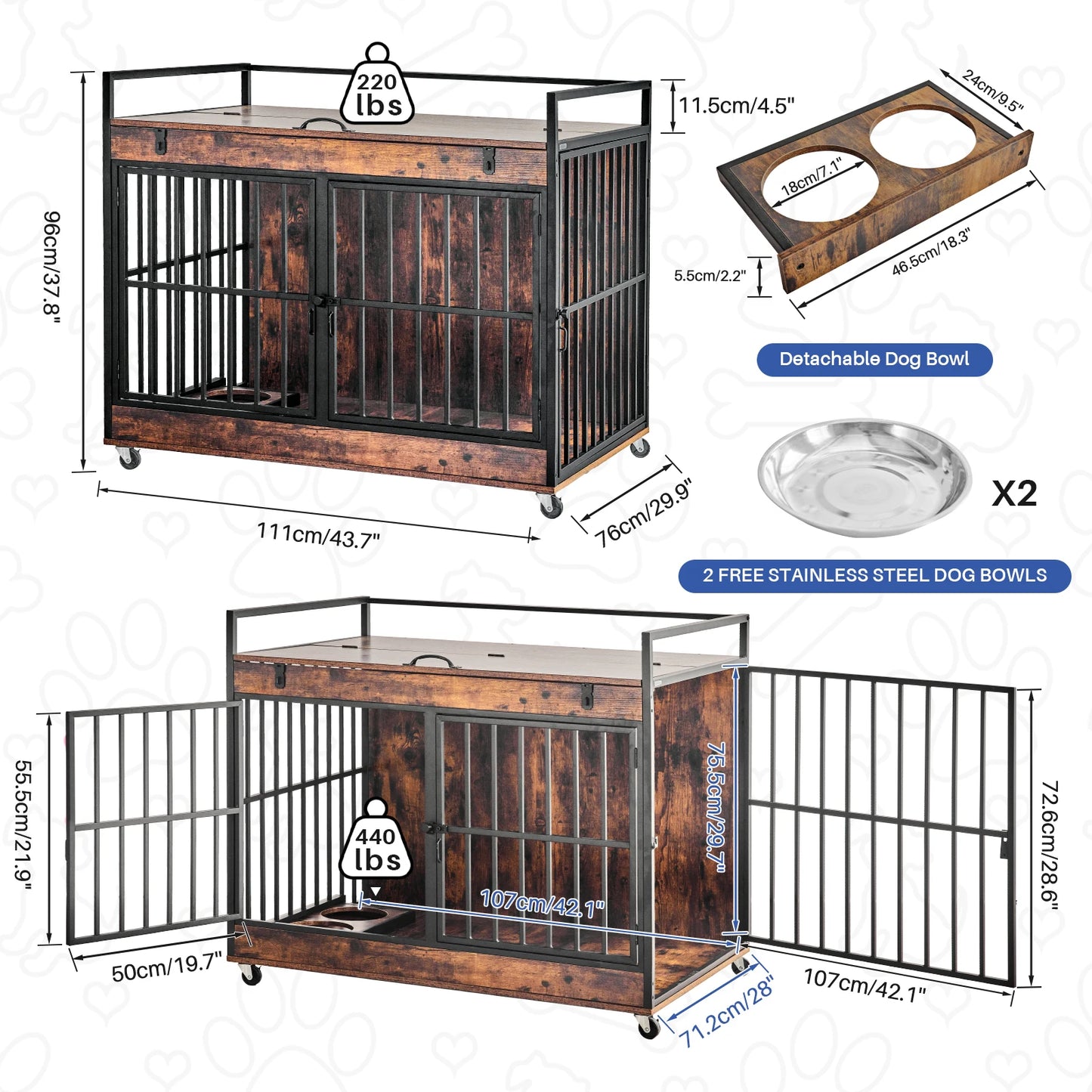 End Table Dog Kennel with Wheels, Feeder Bowls