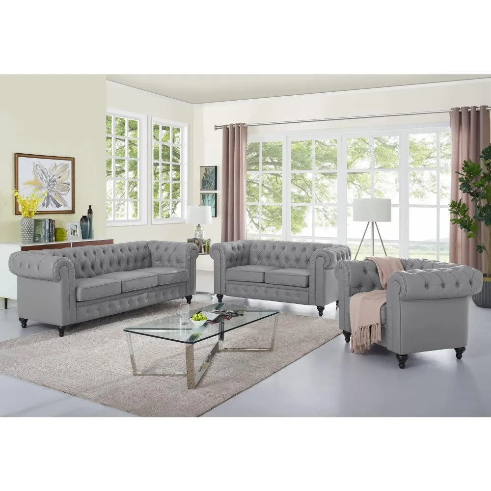 Chesterfield Sofa Set 3 Piece Living Room Set Modern Furniture Leather Sofa Couches