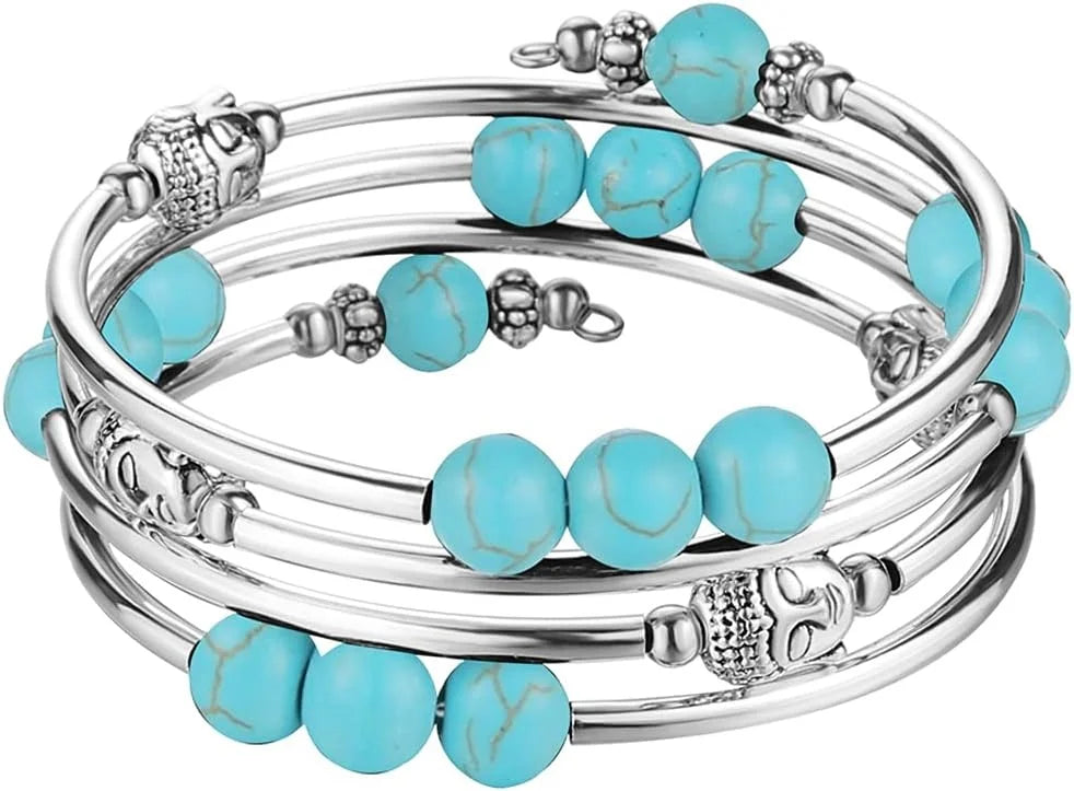 Beaded Chakra Bangle Turquoise Bracelet , Thick Silver Metal and Mala Beads