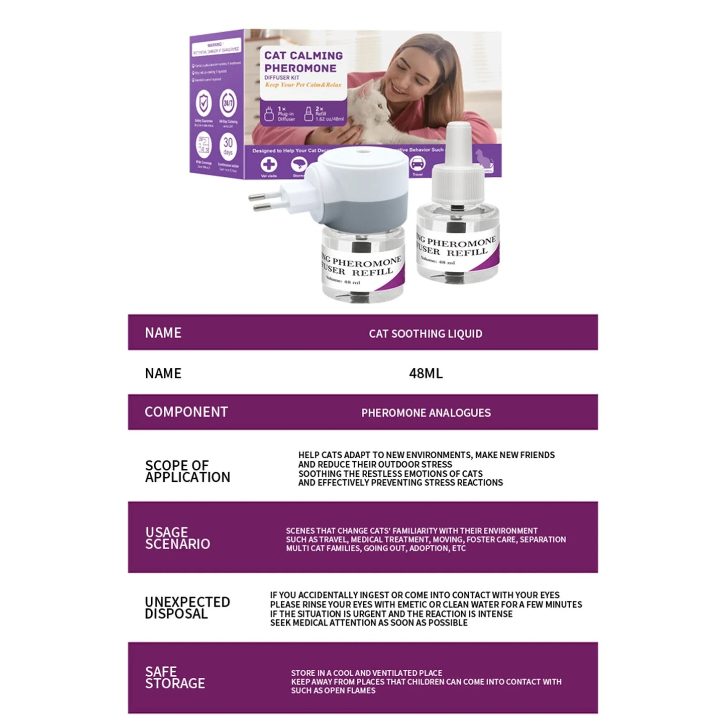 Pet Calming Diffuser, 3-in-1 Stress Relief Pheromones, Anxiety & Aggression Reducer, 1 Diffuser 2 Refill