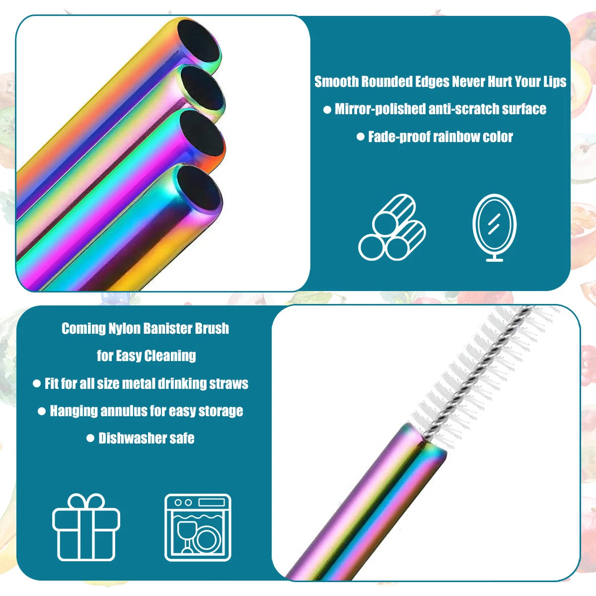 Stainless Steel, Colored Straws, Silicone Tips, Reusable
