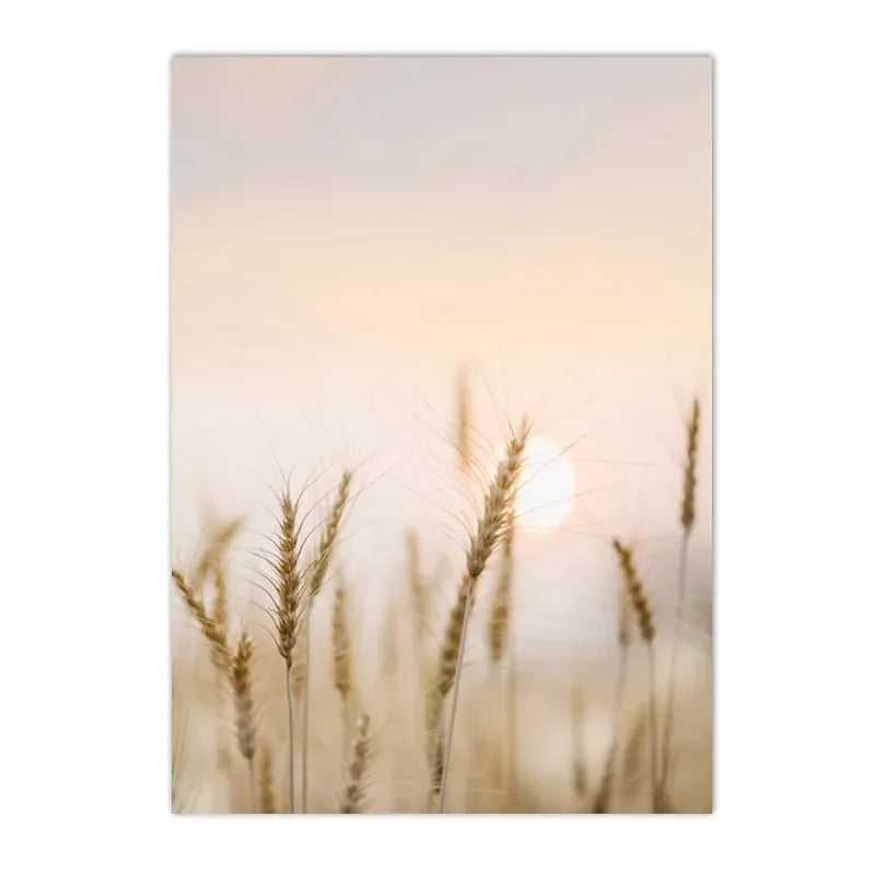Sunset Sea Lake Boat Bridge Canvas Painting, Seagull Beach Poster, Beige Leaf Reed Wall Art Print