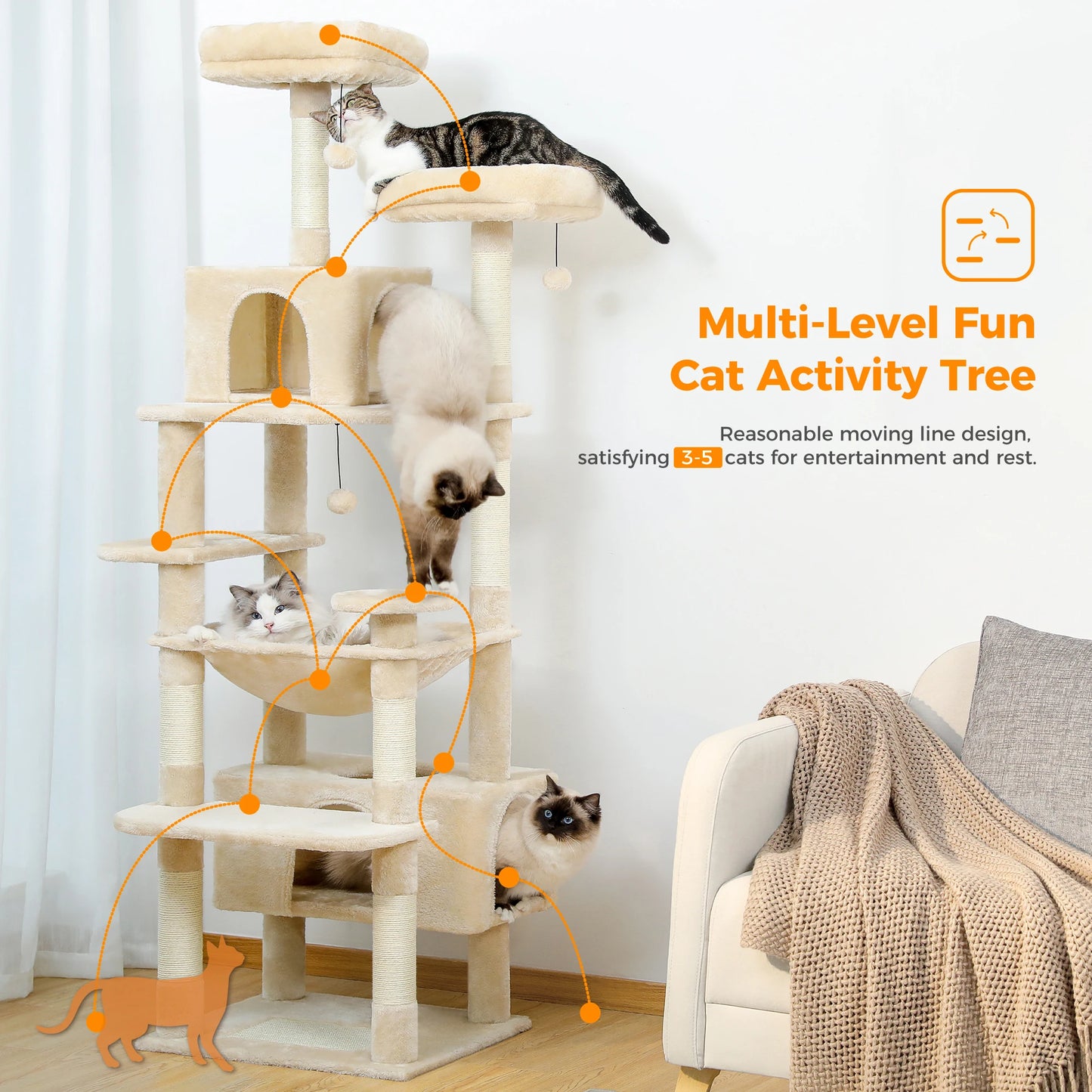 Large Cat Tree/Tower, Indoor, Sisal-Covered Scratching Posts, Spacious Hammock, Padded Perches