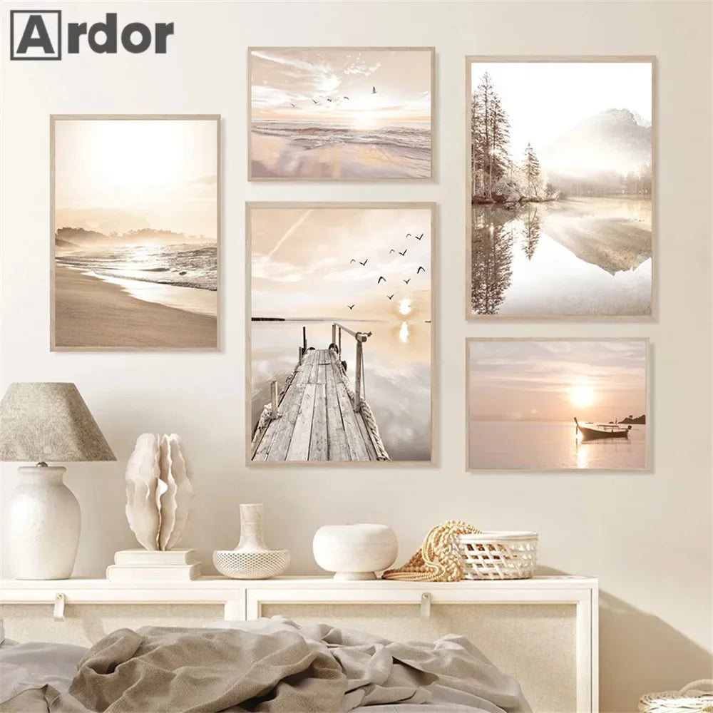 Sunset Sea Lake Boat Bridge Canvas Painting, Seagull Beach Poster, Beige Leaf Reed Wall Art Print