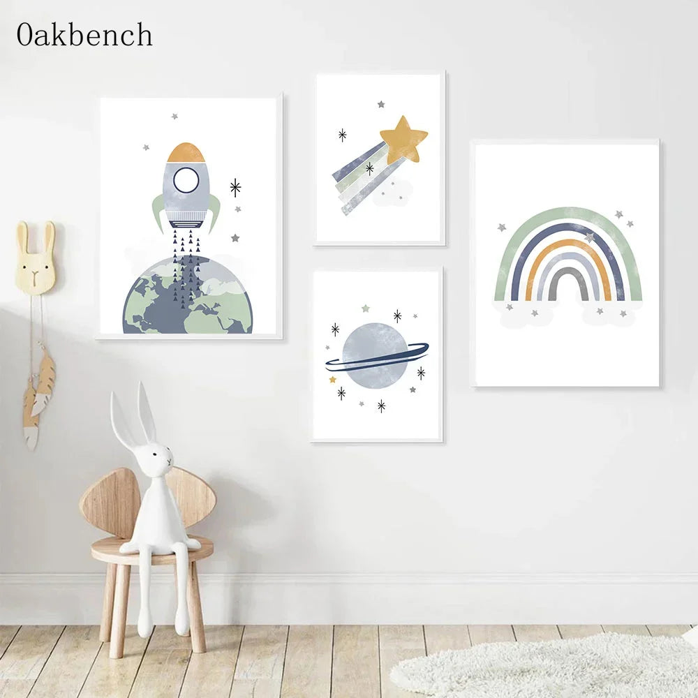 Blue Planet Art Painting, Spaceship, Star Moon Wall Pictures, Rainbow Nursery Wall Posters