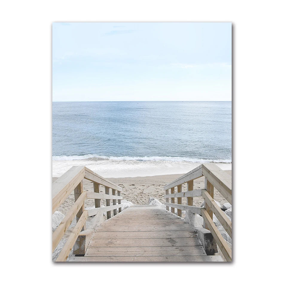 Beach Sea Ocean Canvas Wall Art Poster, Bridge Leaves Turtle Seagull Print Painting, Vibrant Summer Picture