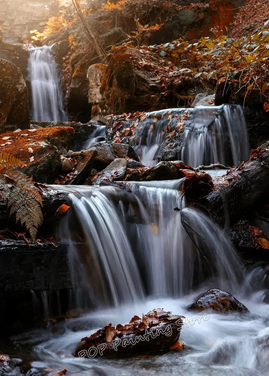 Waterfall Landscape Canvas Print, Forest Rock Nature Serenity Wall Art, Sunlight Peaceful Tranquil Scenery