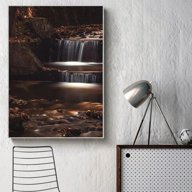 Waterfall Landscape Canvas Print, Forest Rock Nature Serenity Wall Art, Sunlight Peaceful Tranquil Scenery