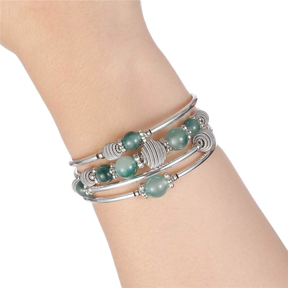 Beaded Chakra Bangle Turquoise Bracelet , Thick Silver Metal and Mala Beads