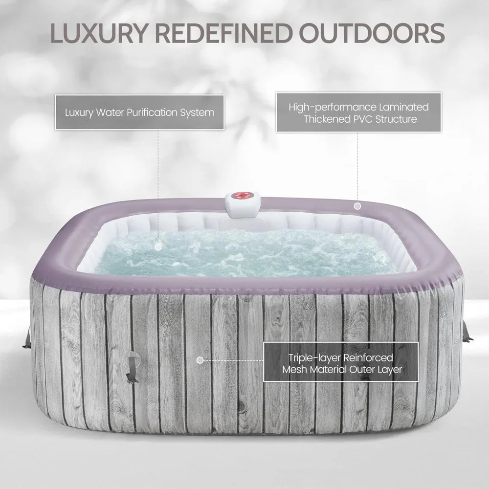 Inflatable Square Hot Tub Spa Set, Outdoor Bubble Massage, Portable, 4-6 Person, 130 Soothing Jets,