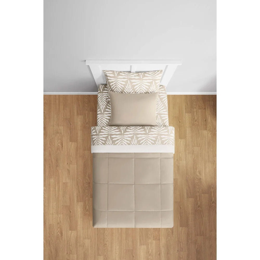 5 Piece Reversible Comforter Set, Sheets Twin XL, Beige Palm Print, Soft Fabric, Machine Washable