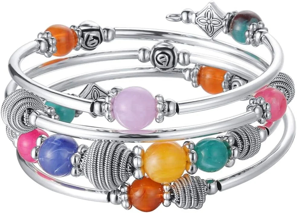 Beaded Chakra Bangle Turquoise Bracelet , Thick Silver Metal and Mala Beads