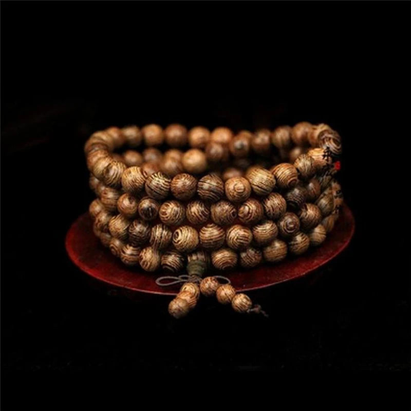 Multilayer 108 Wood Beads, Lotus Bracelet, Tibetan Buddhist Mala, Charm Rosary Bracelet