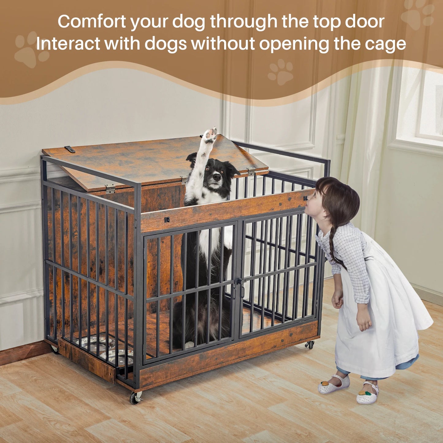 End Table Dog Kennel with Wheels, Feeder Bowls