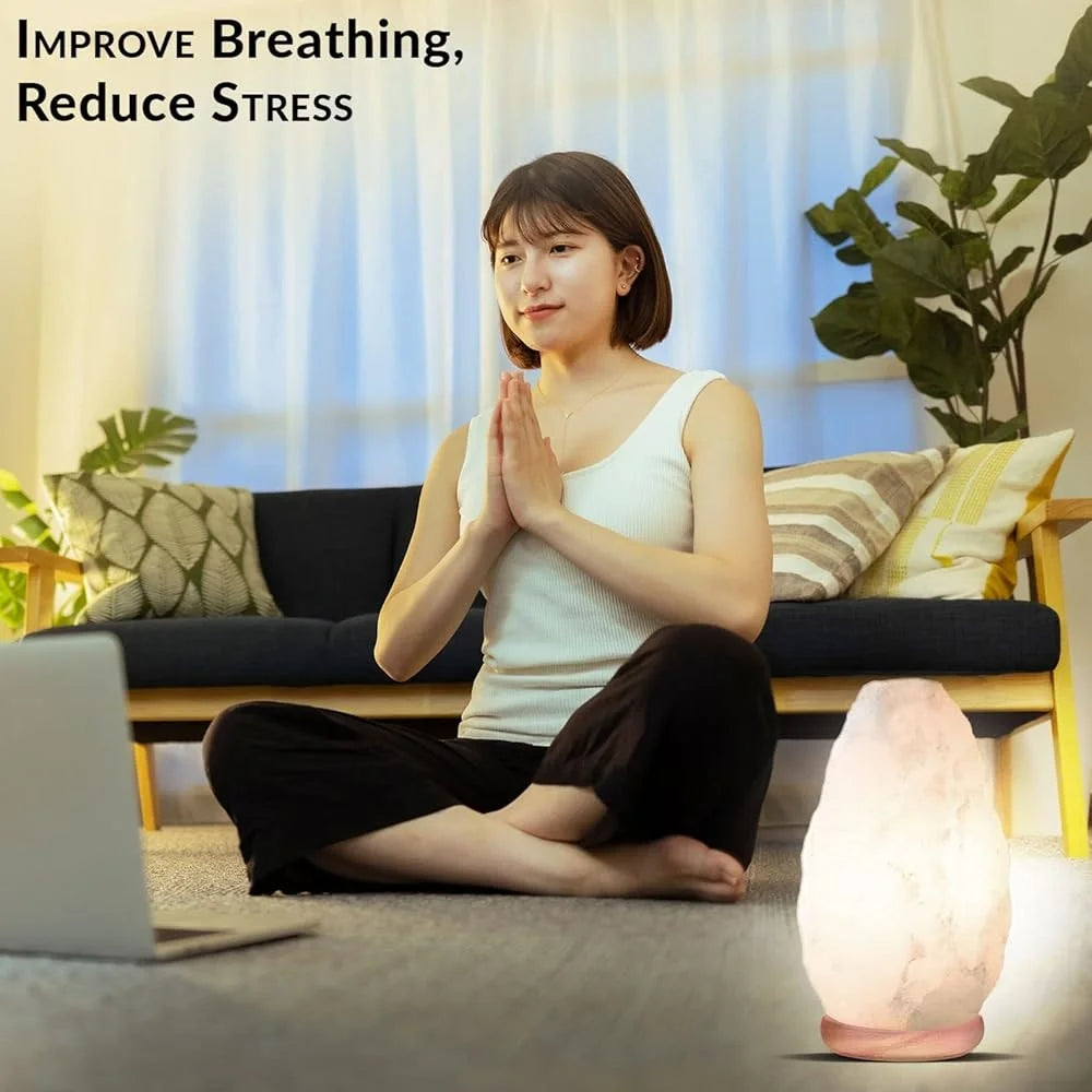 Natural White Salt Crystal Lamp, Handmade, Neem Wooden Base, Adjustable Brightness