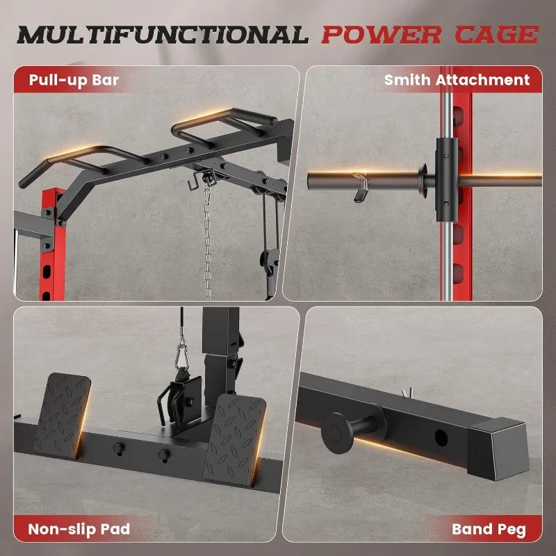 Smith Machine Power Rack, All-in-One Power Cage, Squat, LAT Pulldown, Cable Machine
