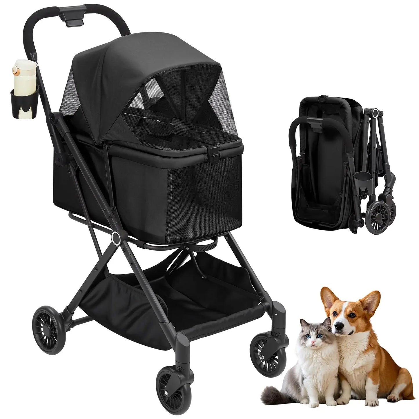 4-Wheel Lightweight Dog Stroller Foldable For Cats Dogs Up to 50 Lbs 360° Swivel Wheels & Foot Brake Weatherproof Pet Stroller