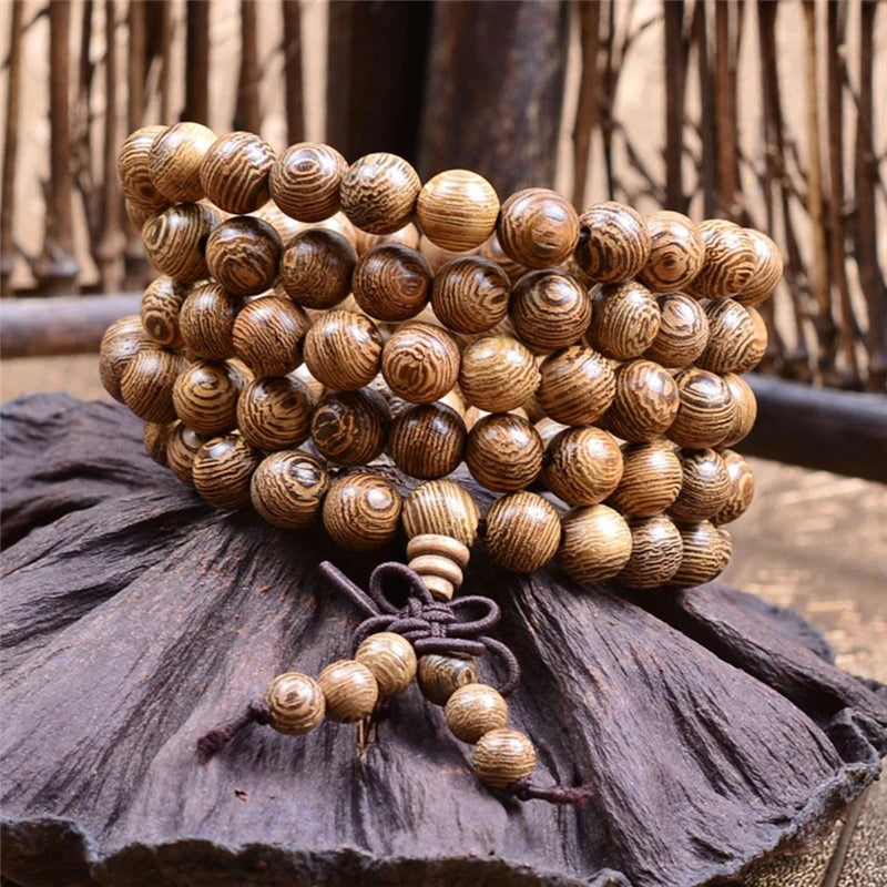 Multilayer 108 Wood Beads, Lotus Bracelet, Tibetan Buddhist Mala, Charm Rosary Bracelet