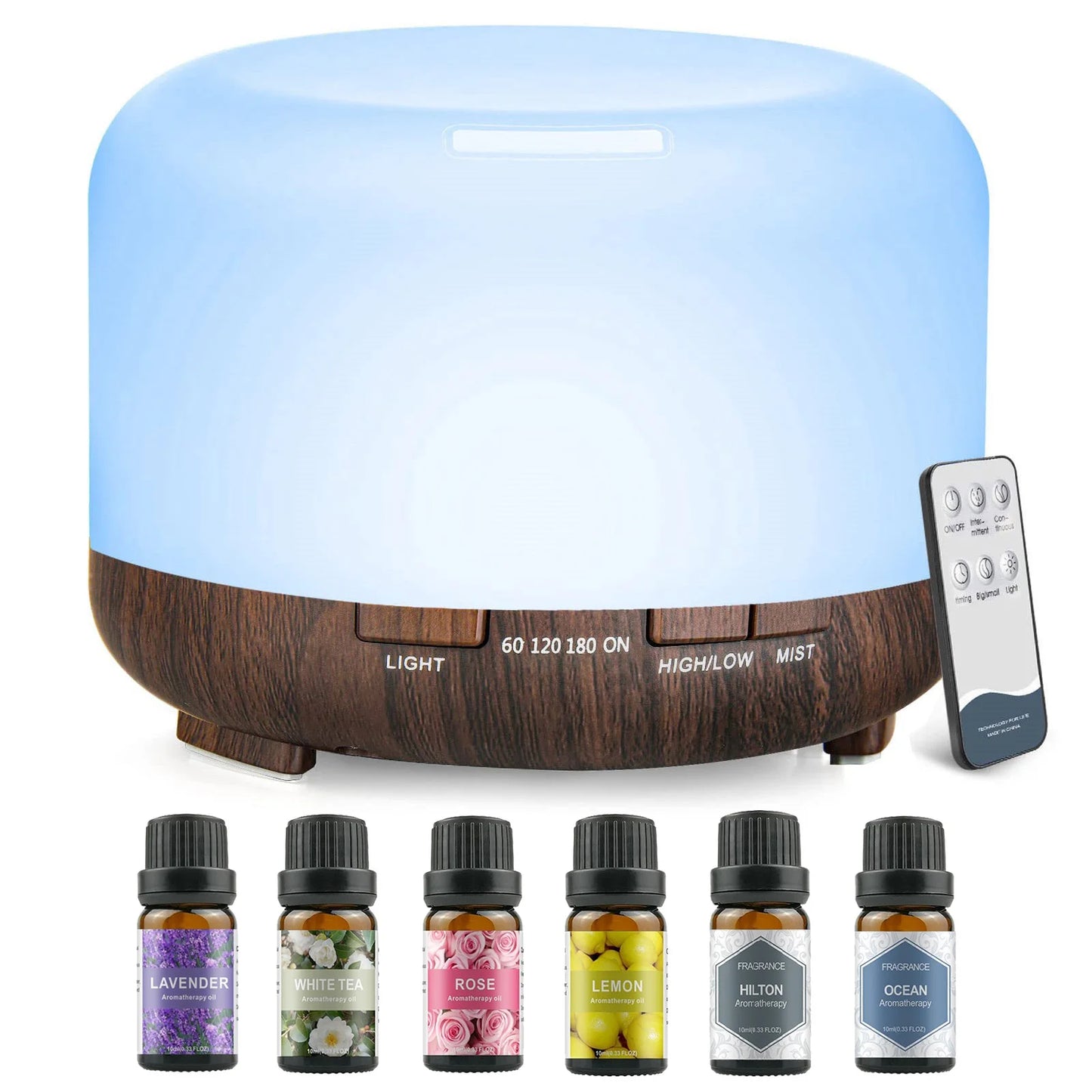 500ML Aromatherapy Oil Diffuser, 6 Bottle 10ML Essential Oil Set (Lavender/Rose/Jasmine/Lemon/Hilton/Ocean)