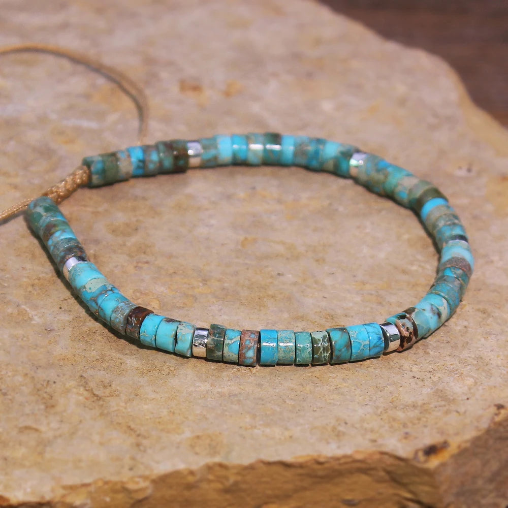 Natural Turquoise Stone Beads, Woven Bracelet, Adjustable Rope