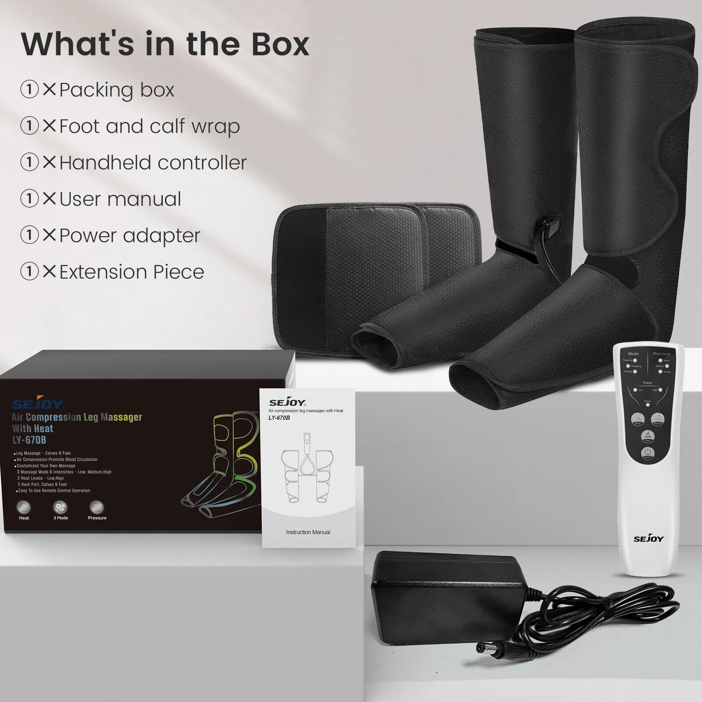 Air Compression, Leg/Foot/Calf Massager, Heat Circulation, 3 Modes, 3 Intensities