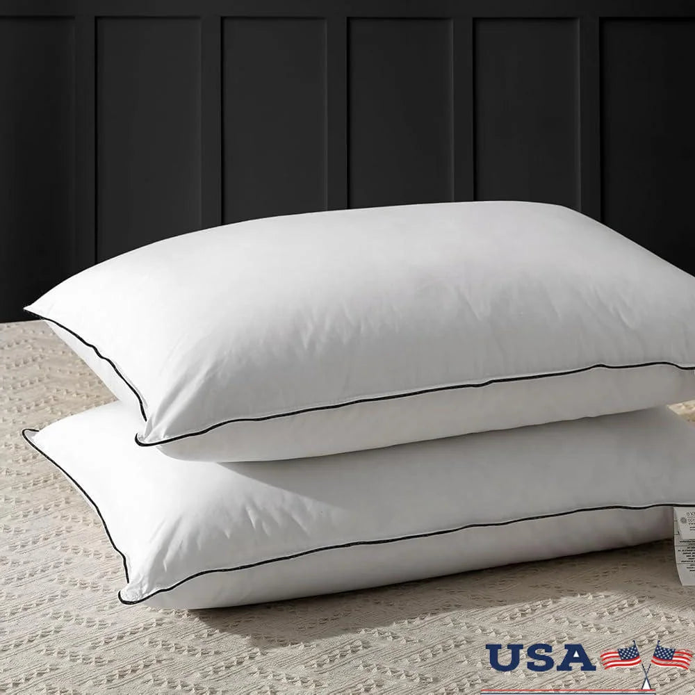 Medium Firm Down Feather Pillow Set, 2 King Size, Luxury Organic Cotton Cover, Support Side/Back