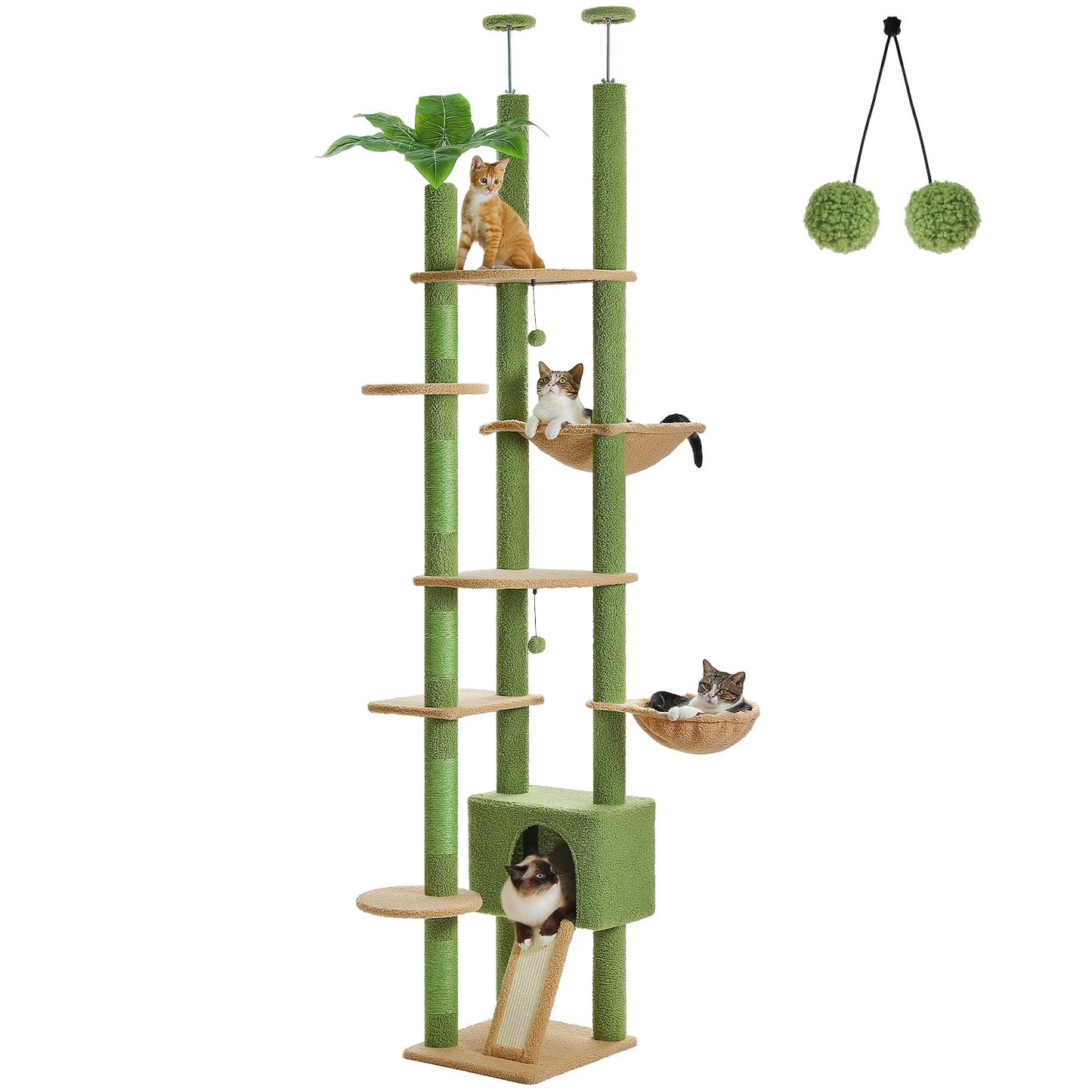 Cactus Cat Tree, Floor/Ceiling Tower, Adjustable Height, Condo Cozy Hammock, Scratching Post