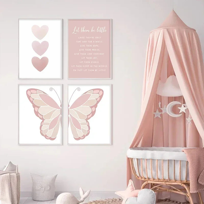 Pink Butterfly Wall Art Nursery, Canvas Prints, Painting, Sun/Rainbow/Daisy/Heart Posters