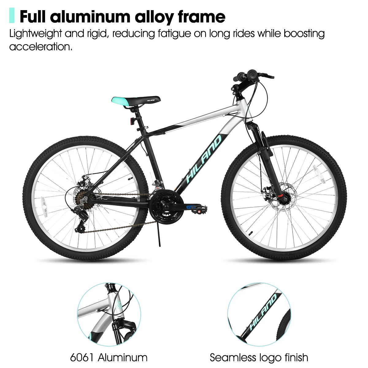 HILAND 26, 27.5 Inch Aluminum Alloy Mountain Bike, 18 Speeds, Front/Rear Disc Brakes, Suspension Fork