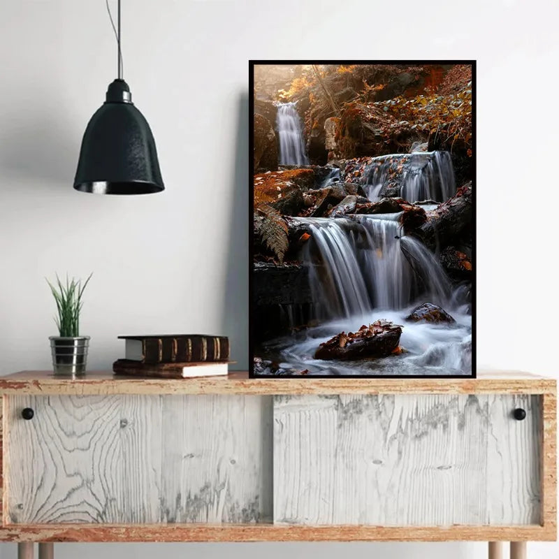 Waterfall Landscape Canvas Print, Forest Rock Nature Serenity Wall Art, Sunlight Peaceful Tranquil Scenery