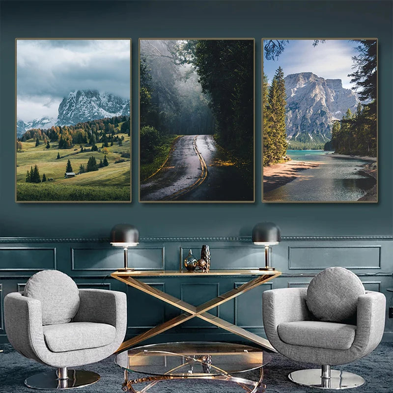 Beautiful Dark Green Forest, Foggy Mountain Landscape, Nature Scenery Poster, Canvas Painting Wall Art Pictures