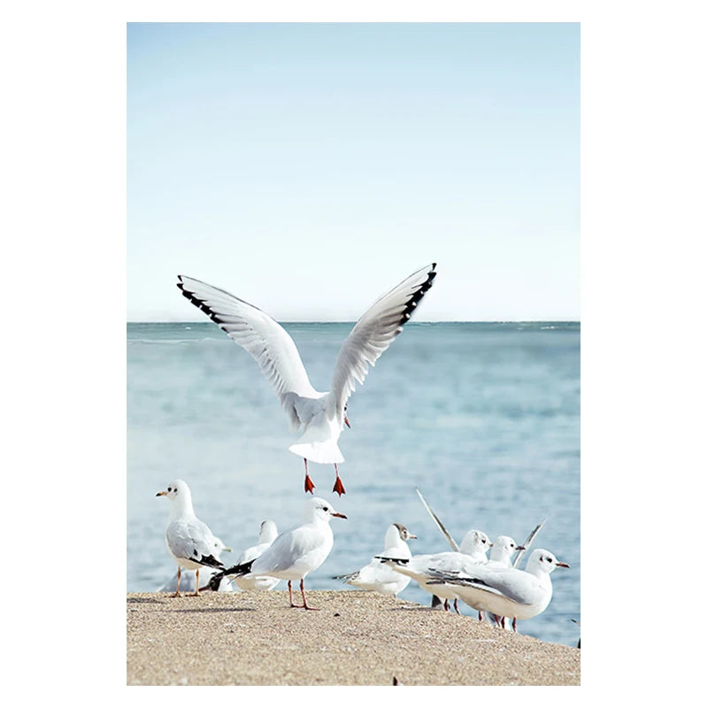 Beach Sea Ocean Canvas Wall Art Poster, Bridge Leaves Turtle Seagull Print Painting, Vibrant Summer Picture
