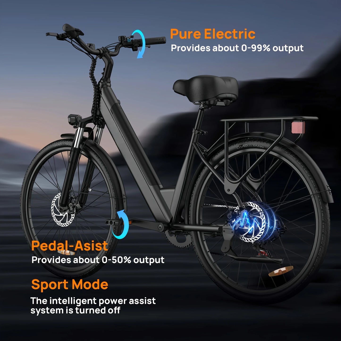 Peak 750W E26 Electric Bike, 26x2" Commuter Tires, 48V 10.4Ah Removable Battery, 20MPH Speed, 7-Speeds, LCD Display