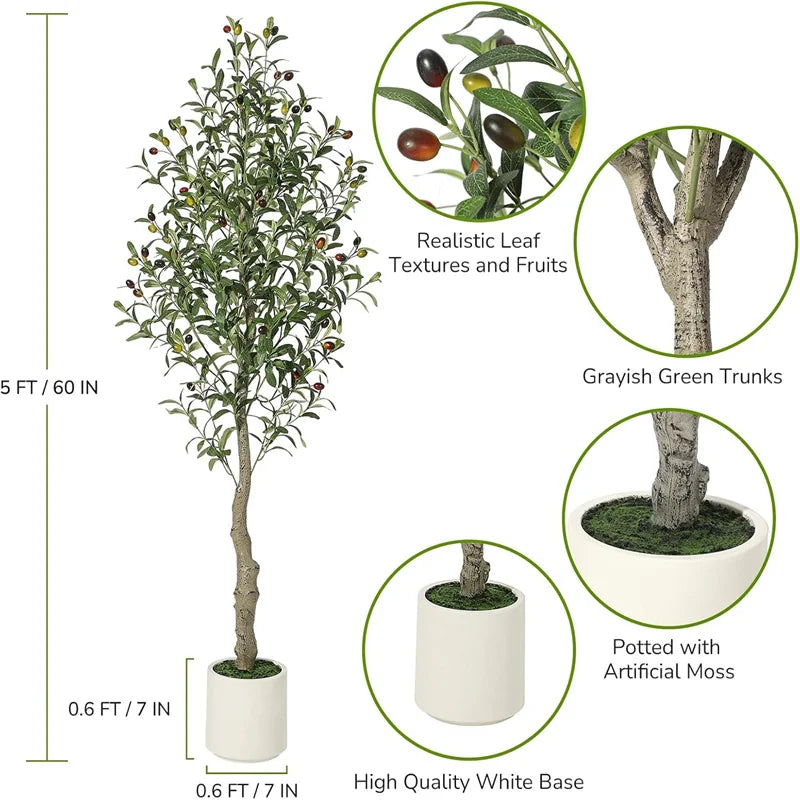 2 Pack Faux Olive Tree Tall, Artificial, Indoor, White Planter, Green Moss