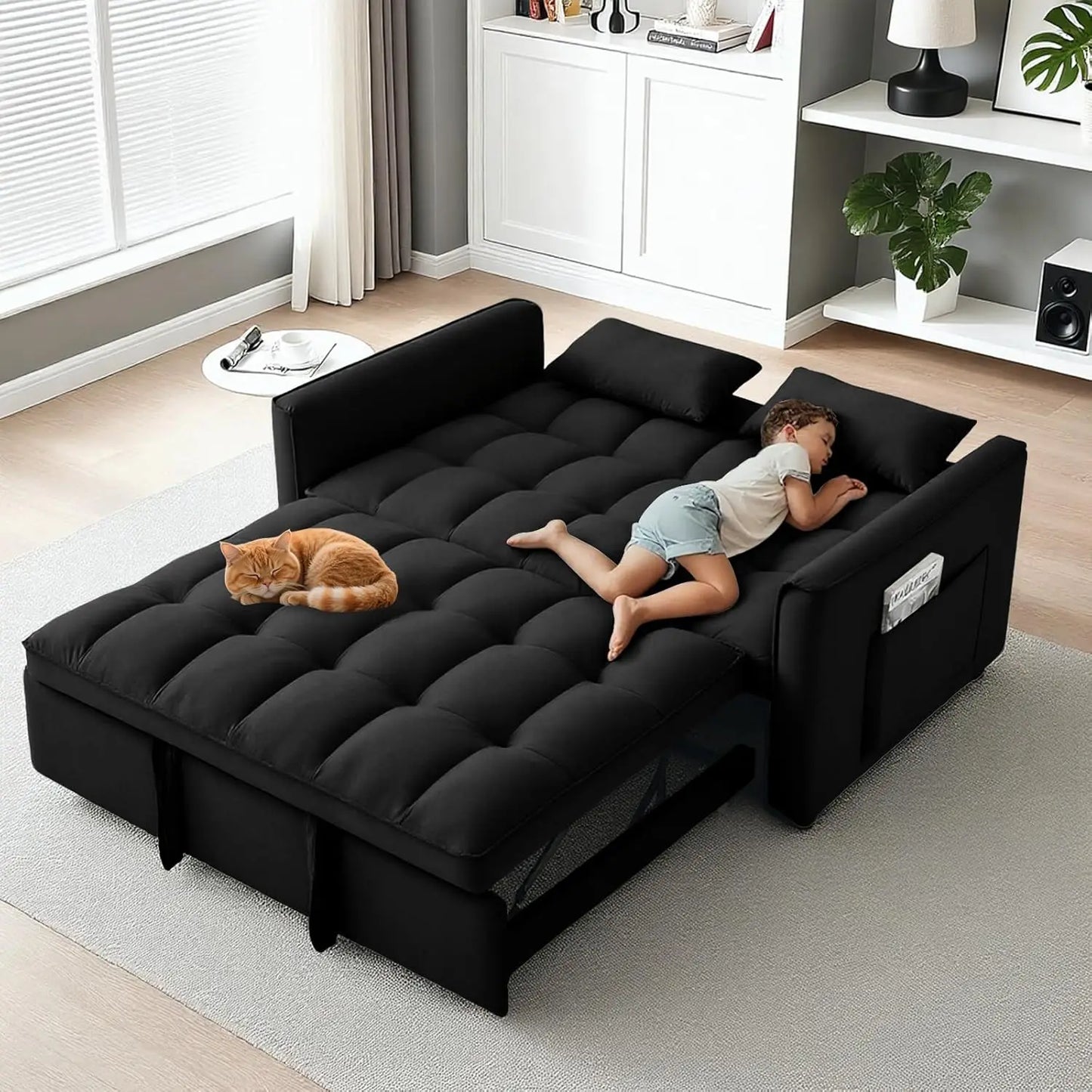 Pull-Out Sleeper Sofa Bed 3-Level Adjustable Backrest, Loveseat Sleeper Couch