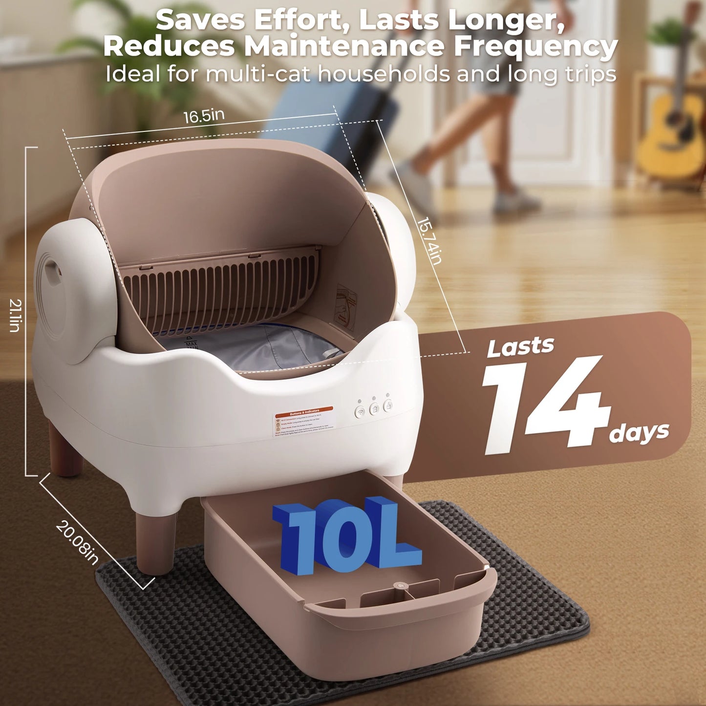 Open-Top Self Cleaning Litter Box, Automatic, APP Control, Odor-Free Large Waste Bin