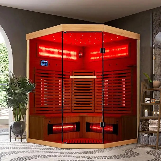 1-Person Outdoor Infrared Wooden Sauna, 3-D Fast Heating Home Spa, Chromotherapy Light