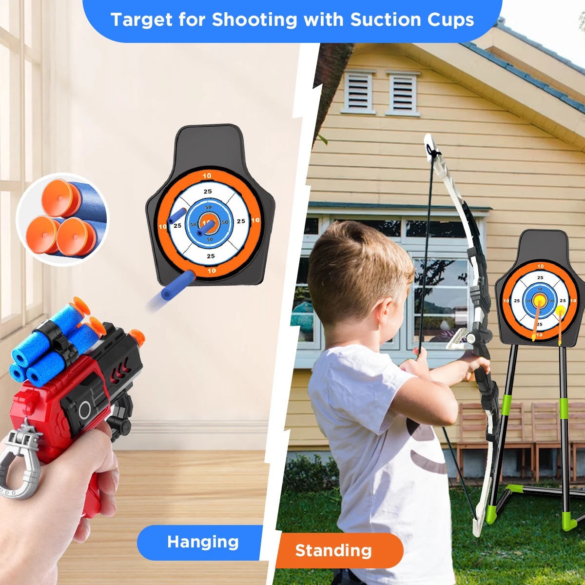 2X Bow Arrow + Guns, Toy For Kids, LED Light Up Archery, Suction Cup, Stand, Dart Board