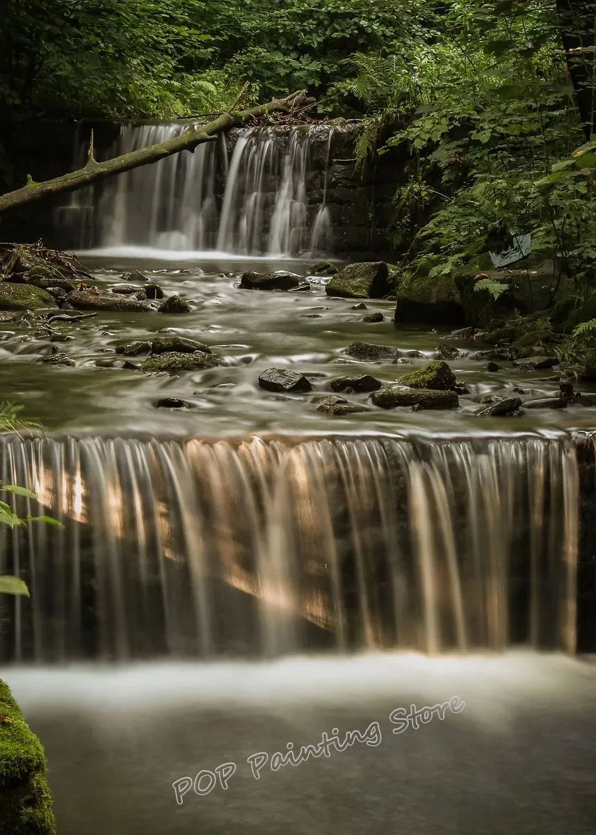 Waterfall Landscape Canvas Print, Forest Rock Nature Serenity Wall Art, Sunlight Peaceful Tranquil Scenery