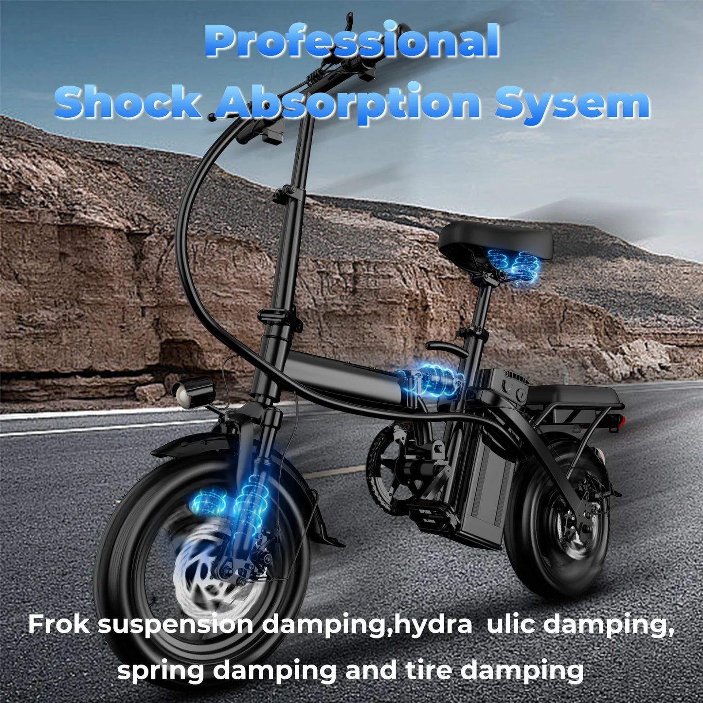 Folding Adult Electric Bike, 20 MPH, 48V 12Ah Removable Battery, Multi-Shock Absorption, 14 Inch Wheel
