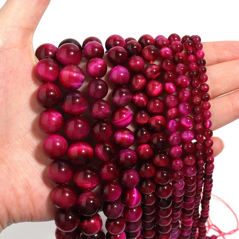 Natural Stone, Hot Pink Tiger Eye Beads, Round Spacer Beads For Jewelry Making