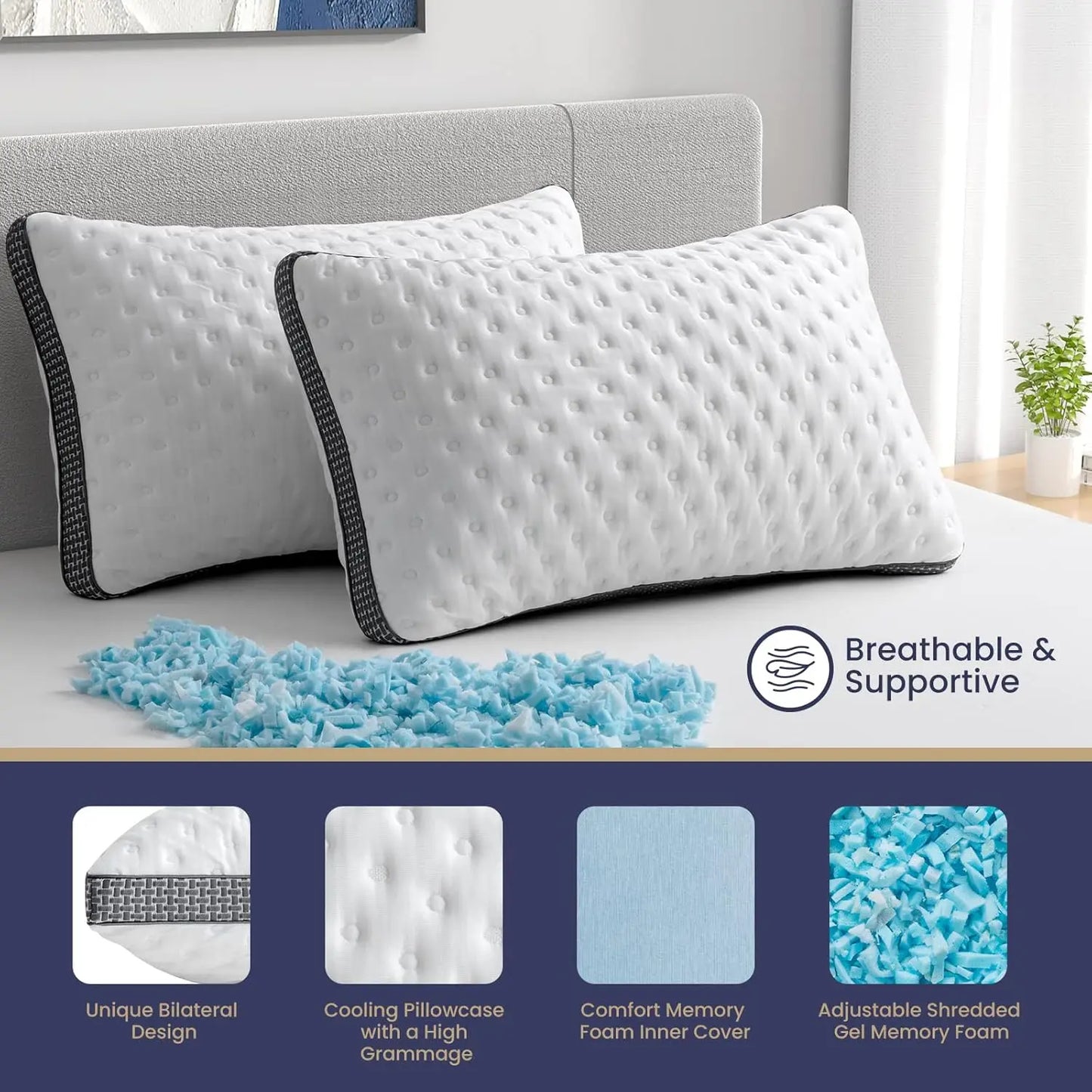 1 Pack Q/K, Cooling Gel Memory Foam Bed Pillow, Medium Firm