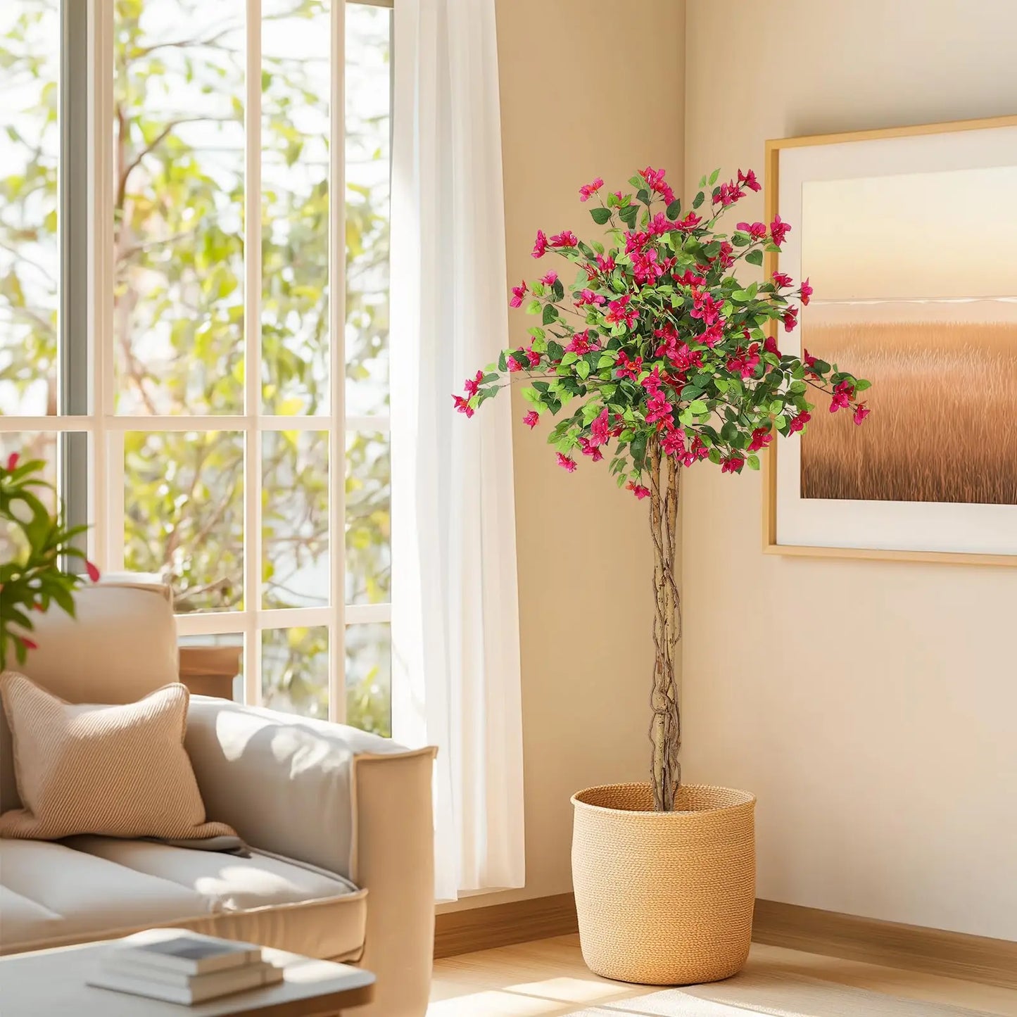 Artificial Bougainvillea Flower Tree, Indoor, White Pot, Home Decoration