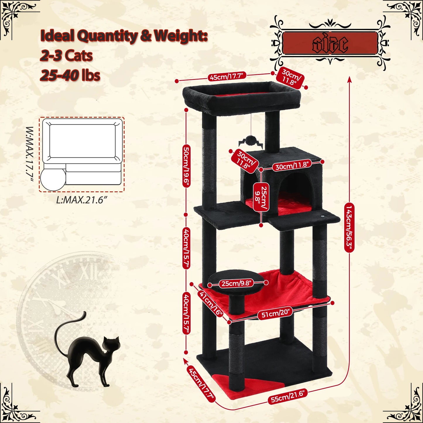 Cat Tree Suitable for 2-3 Cats with Large Hammock, Sisal Scratch Posts, Cozy Condo and Top Perch