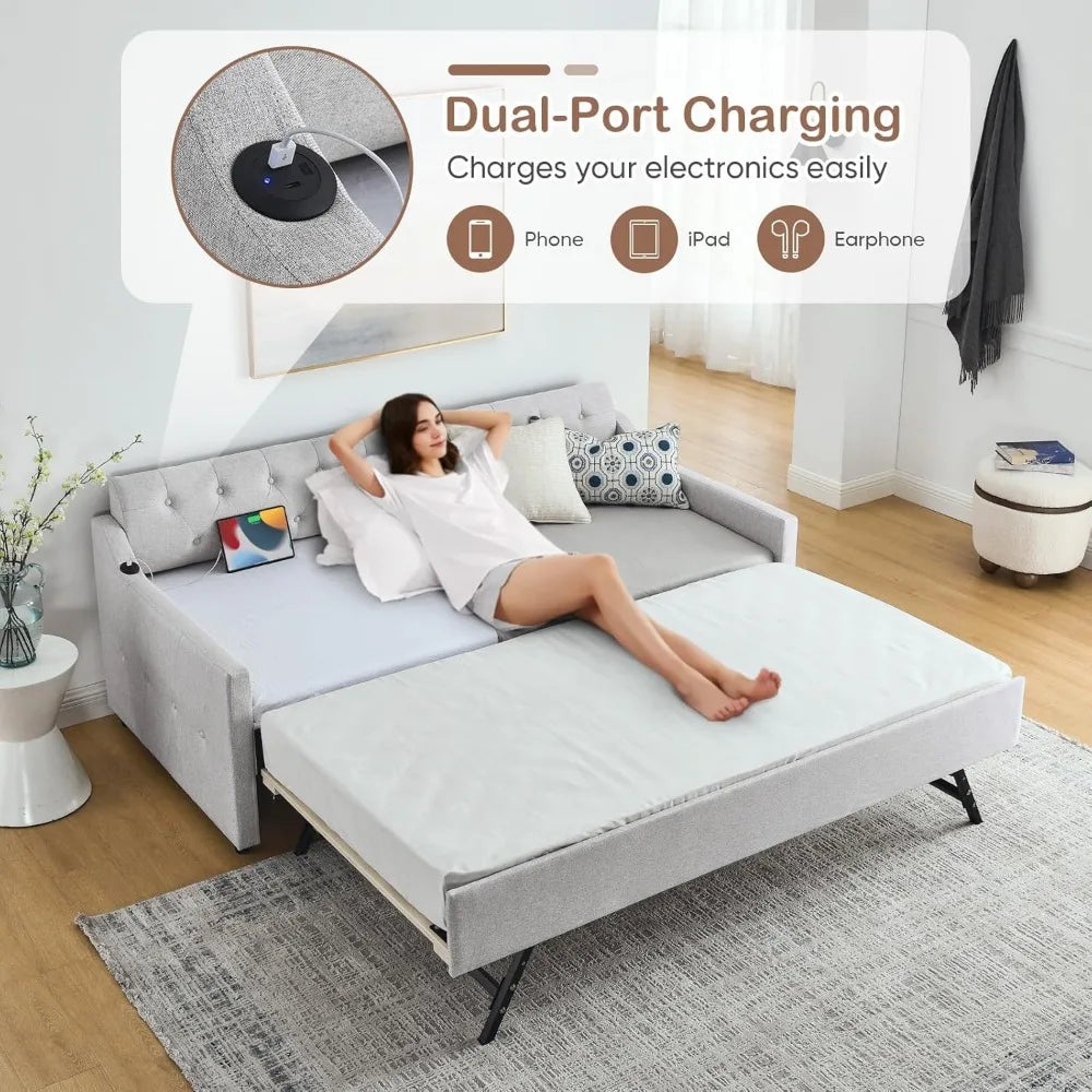 Antetek Twin-to-King Size Daybed with Pop Up Trundle, Modern Button Tufted Linen Upholstered Sofa Bed Frame