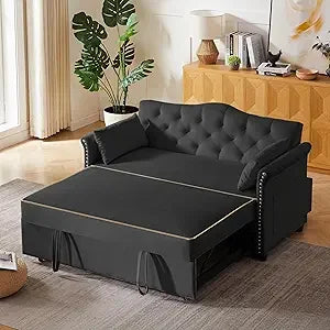 65'' 3-in-1 Folding Convertible Queen Size Pullout Sofa Bed, Modern Chenille Fabric, 360° Swivel Side Table