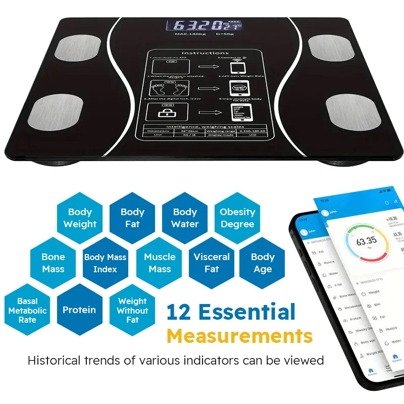 Smart Body Fat Scale, Wireless, LED Digital, Bathroom Weight Scale, Body Composition Analyzer