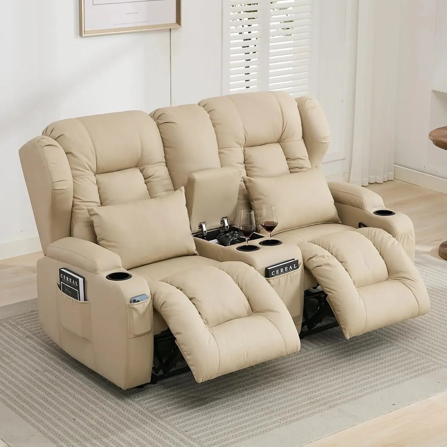 65.5" RV Loveseat Double Recliner Sofa & Console, Home Theater Seating