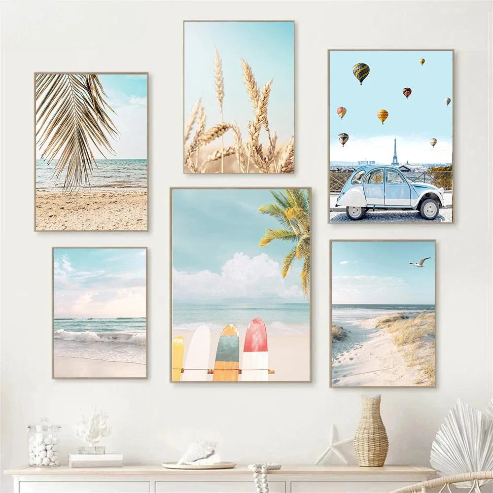 Summer Sea Beach, Coconut Tree, Surfboard Posters And Prints, Seagull Swan Wall Art, Canvas Painting